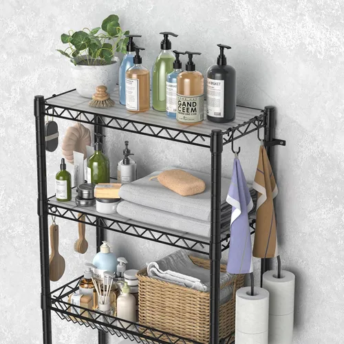 Vista 5 de Hodonas Estante de almacenamiento sobre el inodoro, organizador de baño ajustable con soporte para papel higiénico y 8 ganchos, 3 niveles de metal