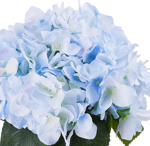 Vista 3 de Arreglo de flores de hortensias de seda artificial mixta en jarrón de vidrio transparente para decoración de boda del hogar (azul)