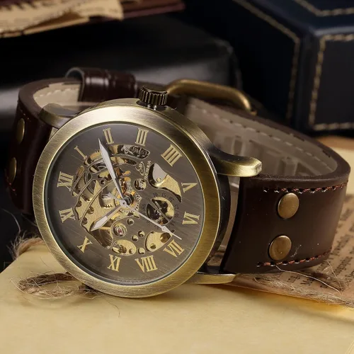 Vista 5 de AMPM24 PMW198 reloj de pulsera manual mecánico color bronce estilo steampunk con correa de cuero para hombre