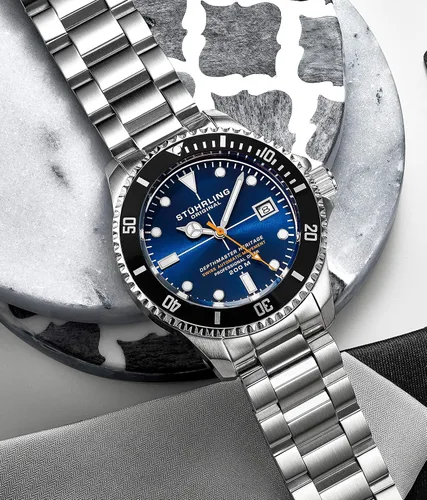 Vista 2 de Stuhrling Original DEPTHMASTER - Reloj de buceo profesional de acero inoxidable automático suizo para hombre, resistente al agua, pulsera cepillada