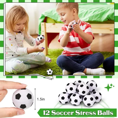 Vista 2 de 48 piezas de suministros de fiesta de fútbol, 12 pulseras de silicona de fútbol, 12 bolsas de regalo con cordón de fútbol, 12 mini pelotas de estrés