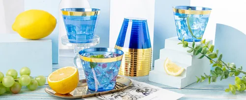 Vista 8 de Nervure 240 vasos de plástico azules – Vasos de plástico con borde dorado de 9 onzas – Taza azul desechable resistente con borde dorado perfecto
