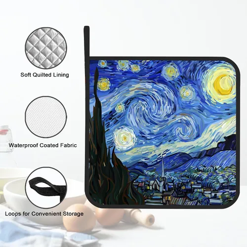 Vista 3 de Juego de 2 soportes para ollas, diseño de noche estrellada, resistente al calor, para barbacoa, cocinar, hornear, comida caliente para mujeres