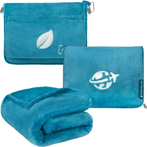 Vista 11 de PAVILIA Manta de viaje y almohada, manta de avión con apertura de brazos para adultos, manta compacta de avión con agujero para el brazo, bolsa 2