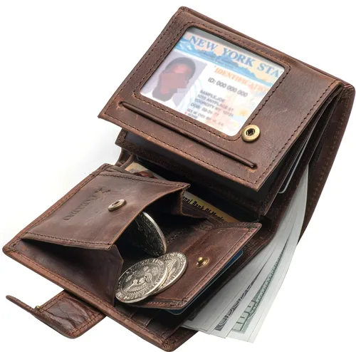 Vista 4 de Tarjetero grande de cuero genuino RFID con cierre a presión, 3 ventanas de identificación para hombres, Classic