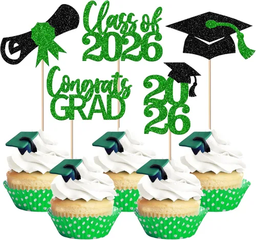 Vista 58 de Paquete de 24 adornos para cupcakes de clase de 2026 con purpurina 2026 para diploma de graduación 2026, selecciones para cupcakes para graduación