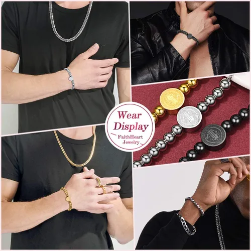 Vista 6 de FaithHeart Pulsera de cadena para hombre acero inoxidablechapado en oro de 18 quilates pulsera de cruz cristiana joyería religiosa que puede grabar