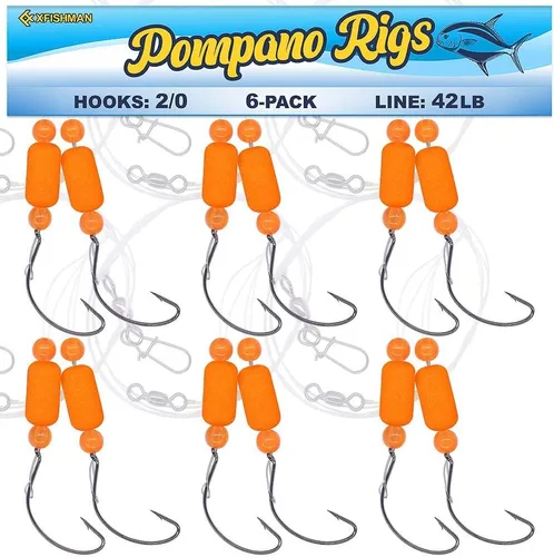 Vista 11 de Aparejos Pompano para Pesca de Surf en Agua Salada con Gancho de Doble Círculo y Espacio Amplio - Juego de 6 Accesorios de Pesca de Surf