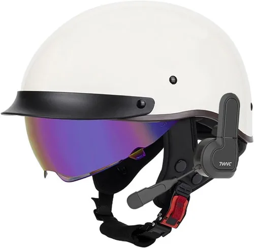 Vista 13 de Casco de motocicleta con Bluetooth, estilo alemán, casco abierto, aprobado por DOT, micrófono con altavoz integrado con visera retráctil