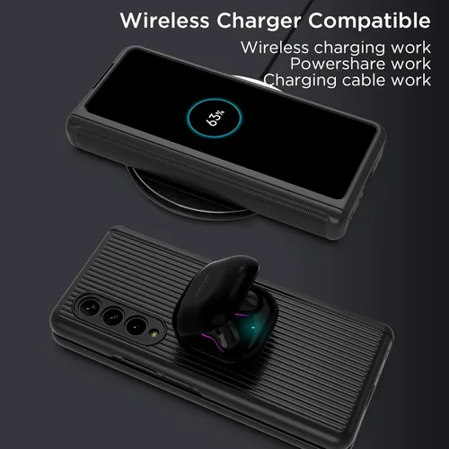 Vista 4 de MAKAVO Funda para Samsung Galaxy Z Fold 3 5G con protección de bisagra, protector de pantalla de vidrio templado integrado, ajuste delgado 3D Negro