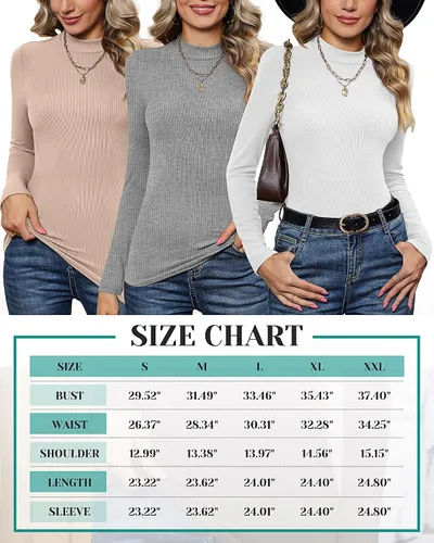 Vista 6 de Xaatren Paquete de 3 camisas de cuello alto falso para mujer, manga larga, ajustadas, elásticas, básicas, ligeras, bustier
