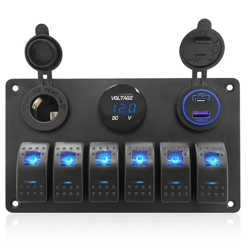 Vista 9 de Panel de interruptor basculante impermeable de 6 posiciones con pantalla digital LED azul, voltímetro, doble puerto de carga USB de 5 V, toma