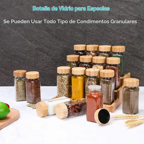 Vista 7 de Tarros de especias de vidrio de 4 onzas con tapas de bambú, paquete de 16 botellas de especias 120ml Seasoning Containers Empty Spice Jars with