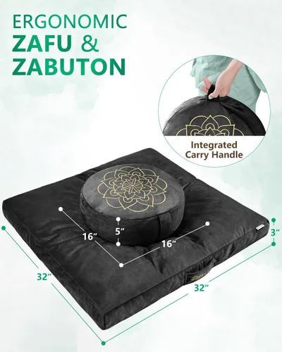 Vista 7 de Juego de cojín de meditación Hihealer grande de terciopelo para piso y cojín de yoga tibetano tradicional para adultos Zafu con relleno de trigo