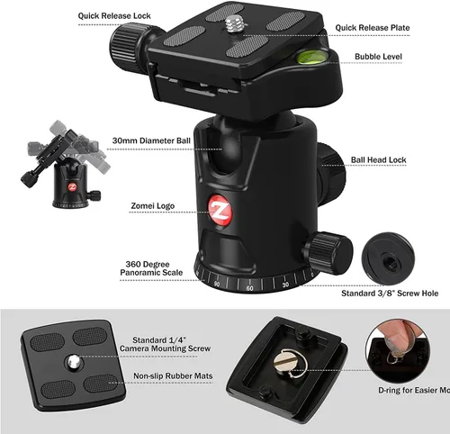 Vista 8 de Zomei Trípode de cámara portátil de magnesio monopod de aluminio de 4 secciones superior trípode profesional con cabezal de bola placa de liberación