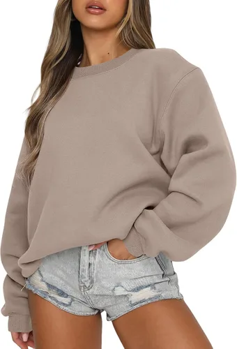 Vista 13 de EFAN Sudaderas de forro polar Y2K de gran tamaño con cuello redondo para Albaricoque