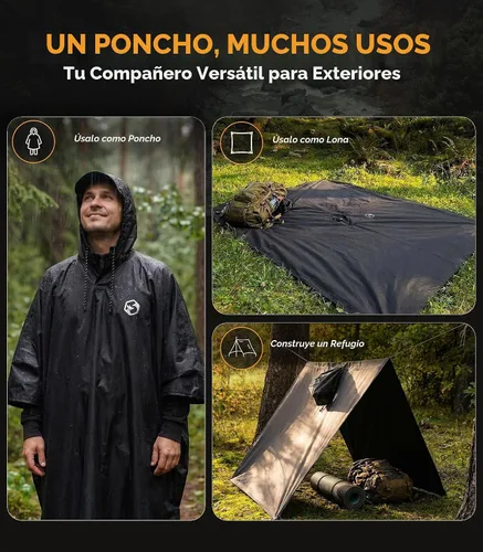 Vista 5 de Foxelli Poncho de lluvia para adultos – Chubasquero impermeable extra largo reutilizable con capucha, ligero para senderismo, campamento, al aire
