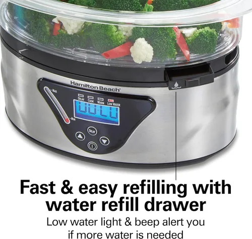 Vista 7 de Hamilton Beach - Vaporizador de alimentos eléctrico digital y arrocera para cocina rápida y saludable de verduras y mariscos, tazones apilables
