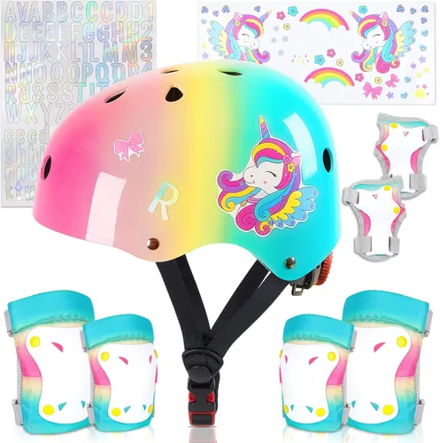 Vista 9 de Casco para niños, casco de bicicleta para niños pequeños con pegatinas DIY Unicornio, rodilleras y coderas ajustables, juego de protección para Rosa