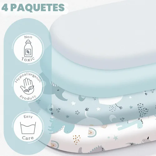 Vista 3 de Juego de 4 sábanas de moisés suaves y ajustables para bebé, niños y niñas, de algodón suave, funda de moisés de animales, segura y cómoda