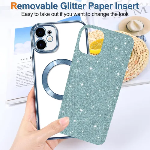 Vista 52 de Hython para iPhone 15 Plus Funda con chispas brillantes, Fundas transparentes magnéticas con protector de lente de cámara [Compatible con MagSafe]