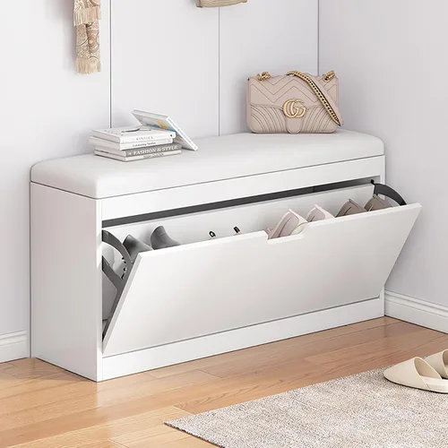 Vista 10 de Banco de zapatos, banco con almacenamiento de zapatos, banco de entrada superior con cojín extraíble, zapatero de madera con cajón de almacenamiento