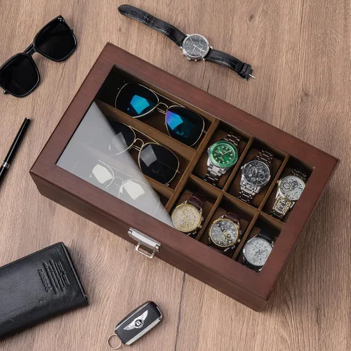 Vista 4 de ProCase Lacquered Finish Wooden Men's Jewelry Box Bundle with 18 Slots Sunglasses Organizer