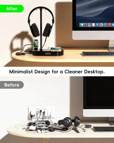 Vista 5 de COZOO Soporte para auriculares con almohadilla de carga inalámbrica rápida y 2 puertos de carga USB, adecuado para juegos, DJ, accesorios
