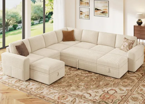 Vista 20 de HONBAY Sofá cama modular extraíble, sofá biplaza de pana, sofás para sala de estar, beige