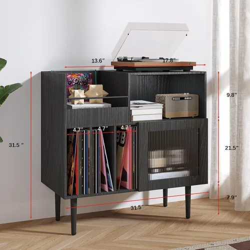 Vista 2 de HedoAjim Soporte grande para tocadiscos con almacenamiento de vinilo, soporte para tocadiscos con puerta acrílica, mesa auxiliar para tocadiscos