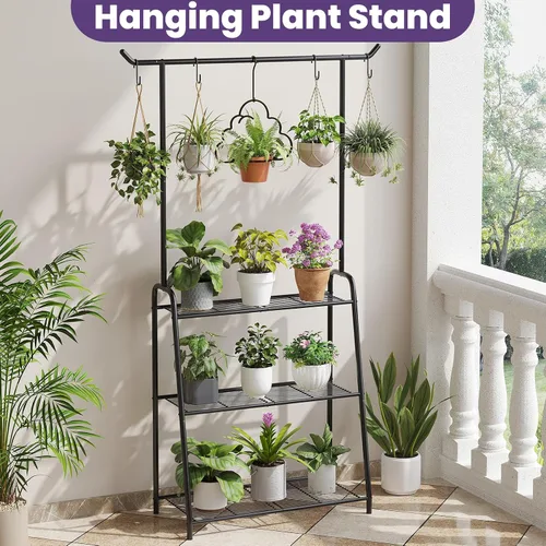 Vista 3 de Soporte de metal para plantas para interiores y exteriores, estante esquinero de 3 niveles de alto, escalera de flores colgante para sala de estar