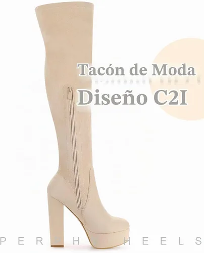 Vista 4 de Perphy Botas altas de tacón grueso sobre la rodilla para mujer Beige
