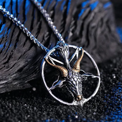 Vista 2 de Collar del templo satánico con cabeza de cabra, pentagrama invertido, pentáculo de acero inoxidable, collar de baphomet con dije, cadena de regalos