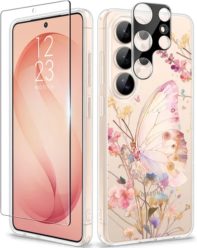 Vista 28 de GVIEWIN Funda protectora para Samsung Galaxy S25, transparente floral, delgada, a prueba de golpes, para mujer, no se pone amarilla, con protector