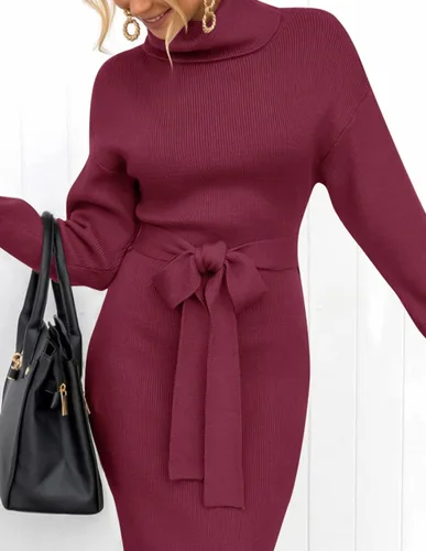 Vista 56 de ZESICA - Vestido por debajo de la rodilla de suéter, de cuello alto, para mujer, de manga larga, de punto acanalado, con abertura y cinturón