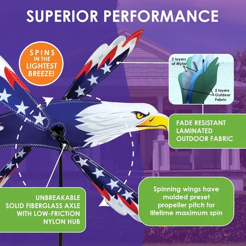 Vista 4 de Whirligig Spinner Patriotic Eagle de 18 pulgadas, diseño audaz de temática estadounidense, decoración exterior resistente a la intemperie, duradero