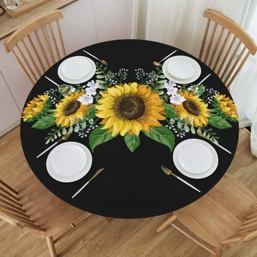 Vista 25 de Fiokroo Mantel de Flores de Crisantemo Azul, Amarillo y Azul Marino con Borde Elástico, Mantel Redondo Lavable y Reutilizable Cubierta de Mesa