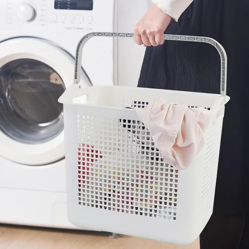 Vista 4 de Bringer Cestas de plástico para lavandería de 35 L con asa, paquete de 4 cestas sucias, color blanco
