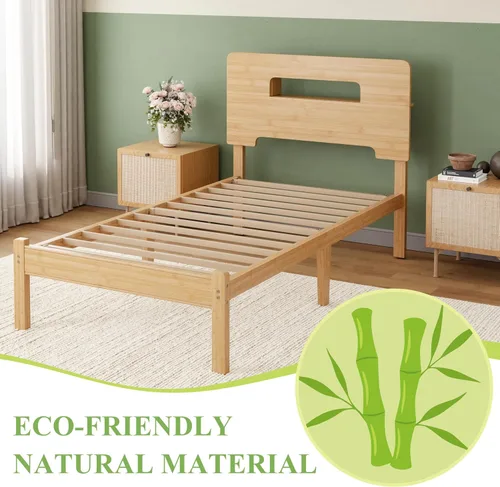 Vista 4 de ZIYOO Marco de cama de madera de bambú maciza tamaño individual con cabecera de almacenamiento, marco de cama plataforma de 14 pulgadas