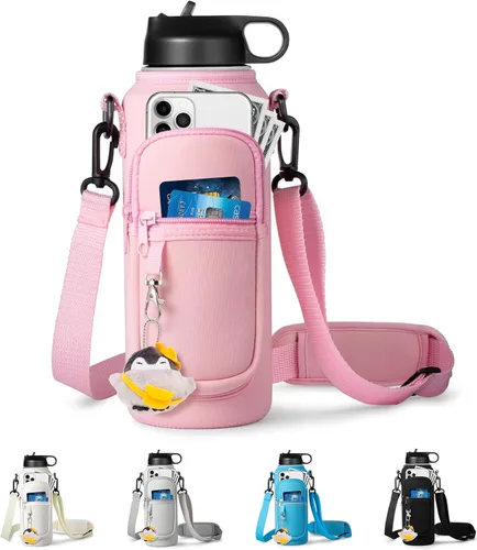 Vista 11 de RRegeny Soporte para botella de agua con correa para Hydroflask de 32 oz 40 onzas, bolsa de transporte con bolsillo para teléfono, funda para Negro