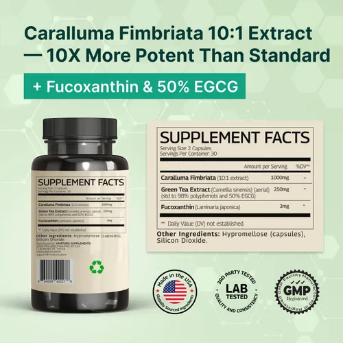 Vista 2 de VINATURA Caralluma Fimbriata, EGCG 45% Extracto 1250mg + Fucoxantina 3mg por porción, para apoyo inmunológico, energía y enfoque mental - 60
