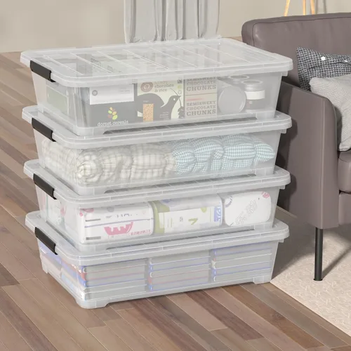 Vista 4 de Hespama Contenedor de plástico de 40 cuartos de galón con ruedas, 4 paquetes de caja de almacenamiento grande con pestillo, transparente Large
