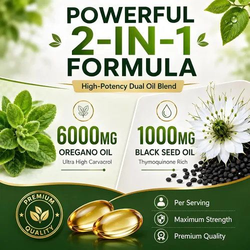 Vista 2 de Aceite de orégano con cápsulas blandas de aceite de semilla negra, 6000 mg de aceite de orégano y 1000 mg de aceite de semilla de comino negro, alto