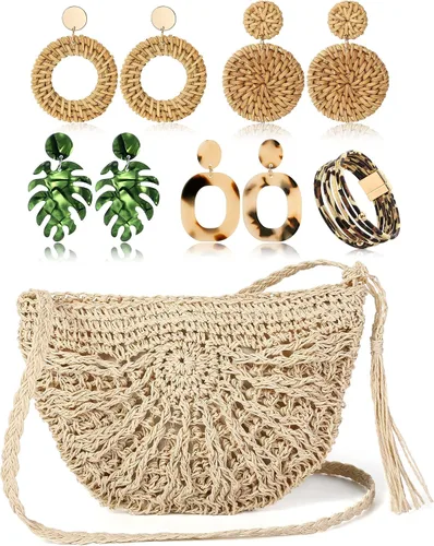 Vista 7 de Hicarer Juego de aretes de playa con 4 aretes tropicales bohemios de ratán y pulsera de leopardo