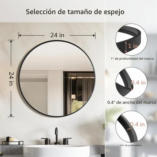 Vista 4 de Espejo redondo negro para sobre el fregadero de 24 pulgadas, espejo de baño circular, espejo de tocador con marco de metal, espejo de pared moderno