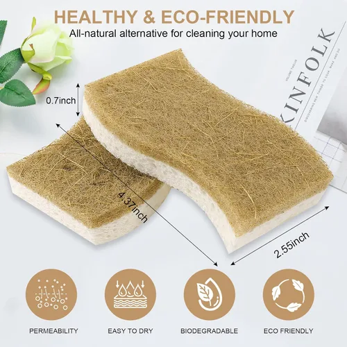 Vista 4 de Paquete de 12 esponjas naturales, esponja de cocina Esponjas naturales para lavar platos, esponja biodegradable compostable de celulosa y coco,