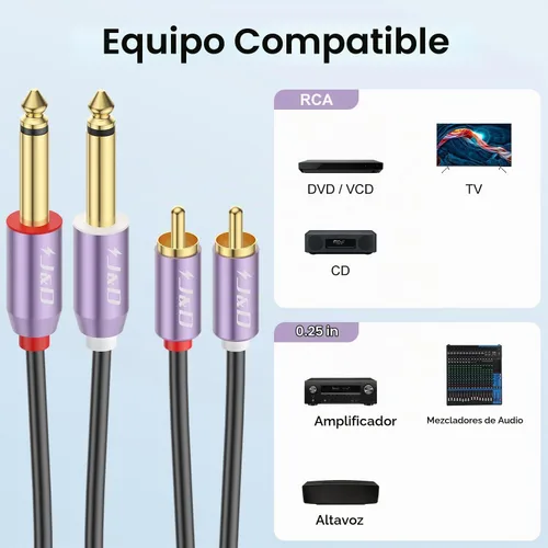 Vista 4 de J&D Cable dual TS de 1/4 de pulgada a RCA dual, carcasa de aleación de aluminio morado, chapado en oro, 0.079 x 0.250 in macho TS a 2 RCA macho