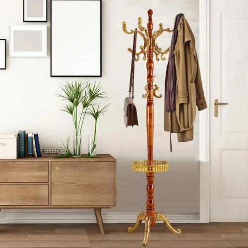 Vista 12 de Percheros independientes con 14 ganchos, soportes de madera natural para entrada, altura ajustable de 73 pulgadas, perchero de árbol para pasillo