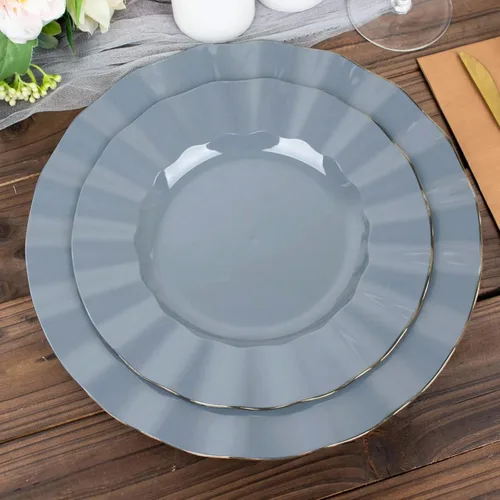 Vista 14 de Efavormart 10 Pack Platos redondos de plástico negro de 6" para postre y ensalada, platos desechables para aperitivos con borde ondulado dorado