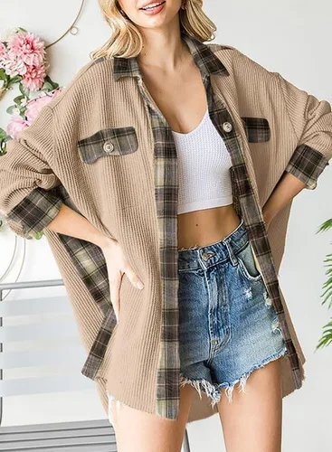 Vista 2 de SHEWIN Chaqueta de punto gofre para mujer, diseño a cuadros, con botones, holgada, de manga larga
